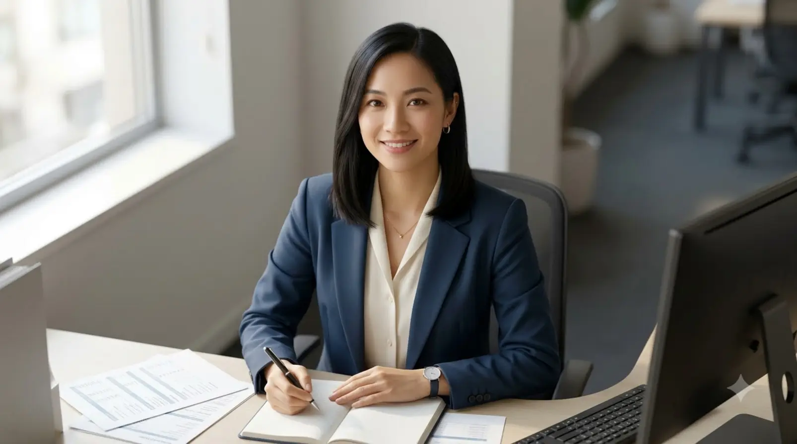 Chị Ba kế toán làm việc với sổ sách trong văn phòng