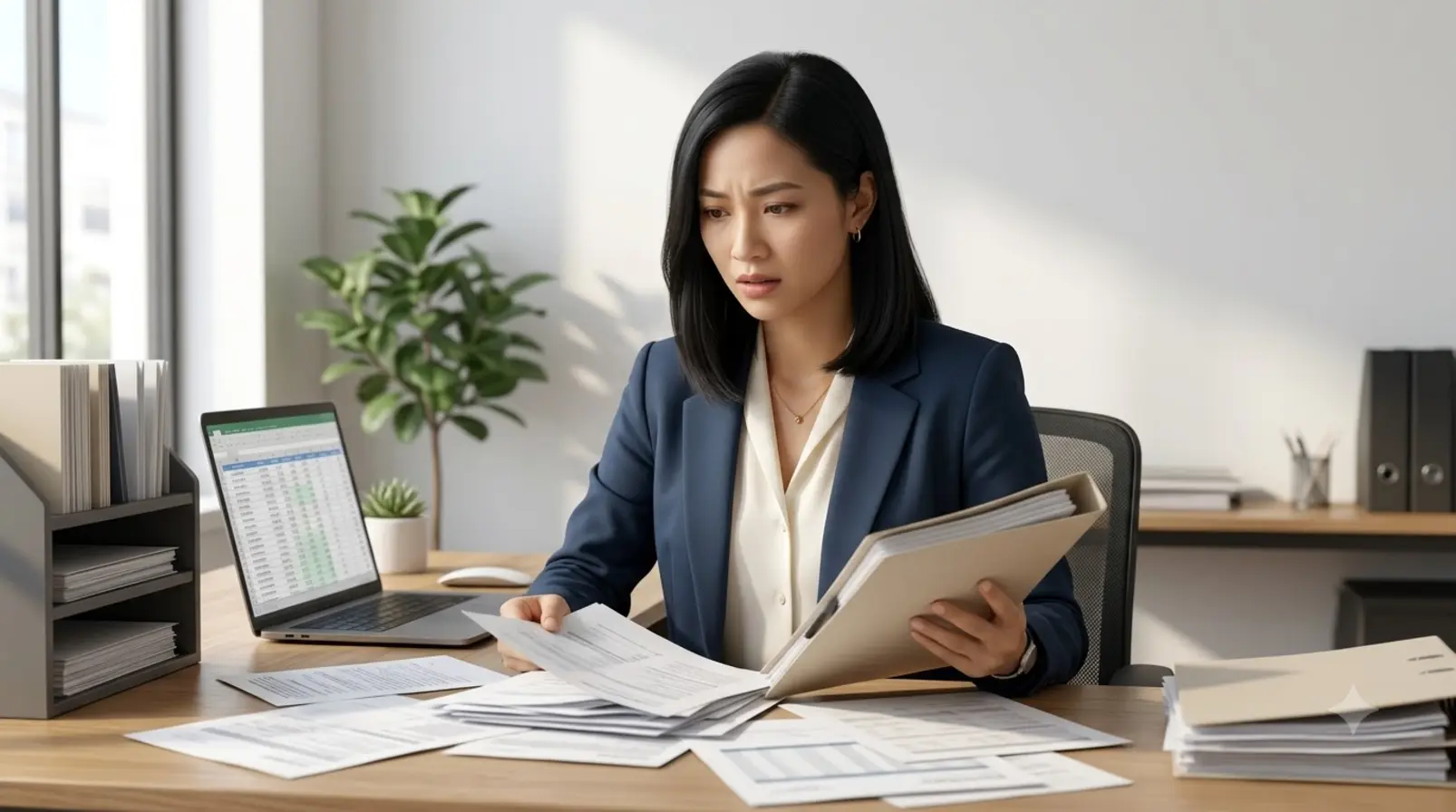 Chị Ba lo lắng với hồ sơ kế toán trong văn phòng công ty mới