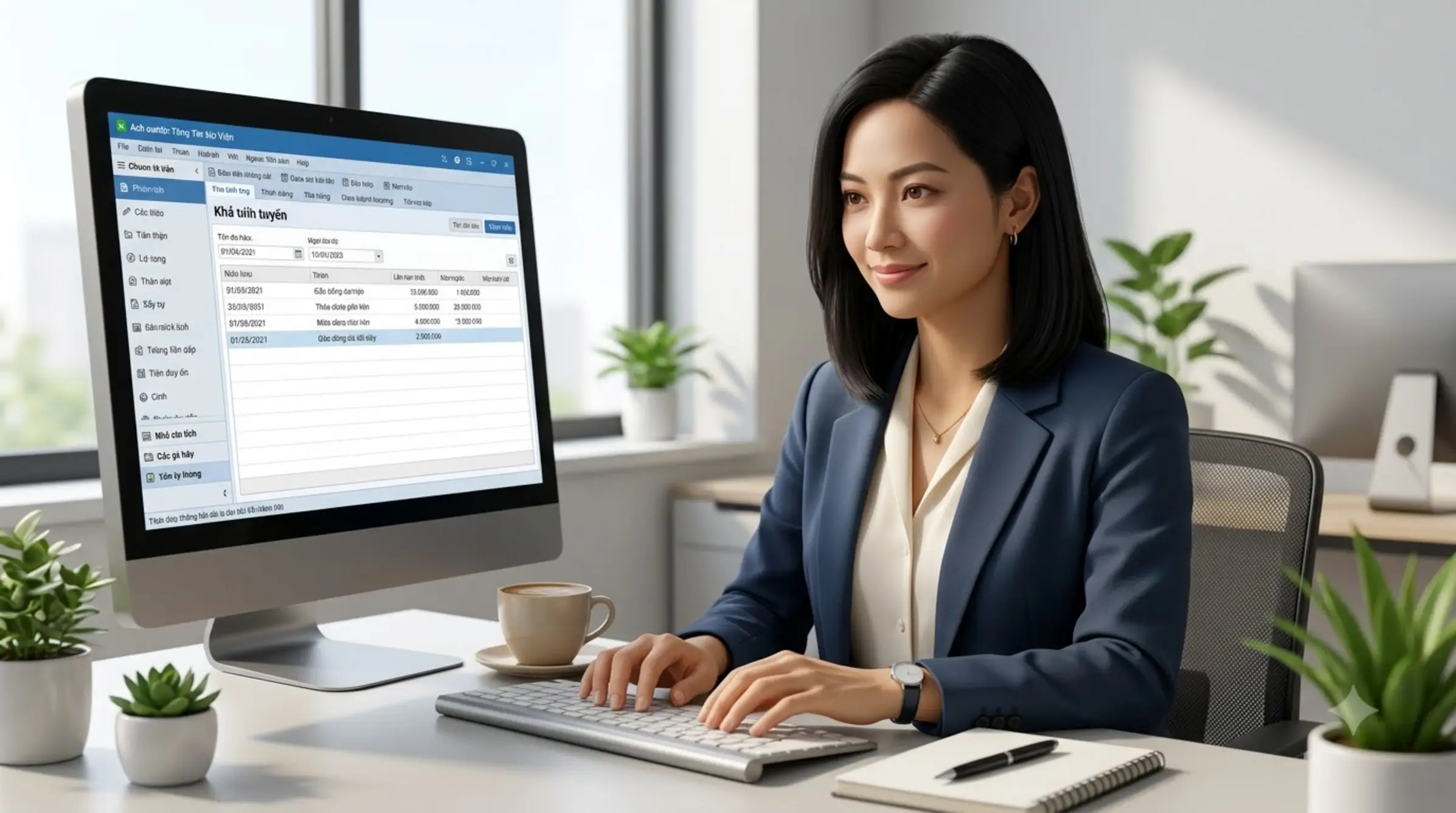 Chị Ba sử dụng phần mềm kế toán trên máy tính