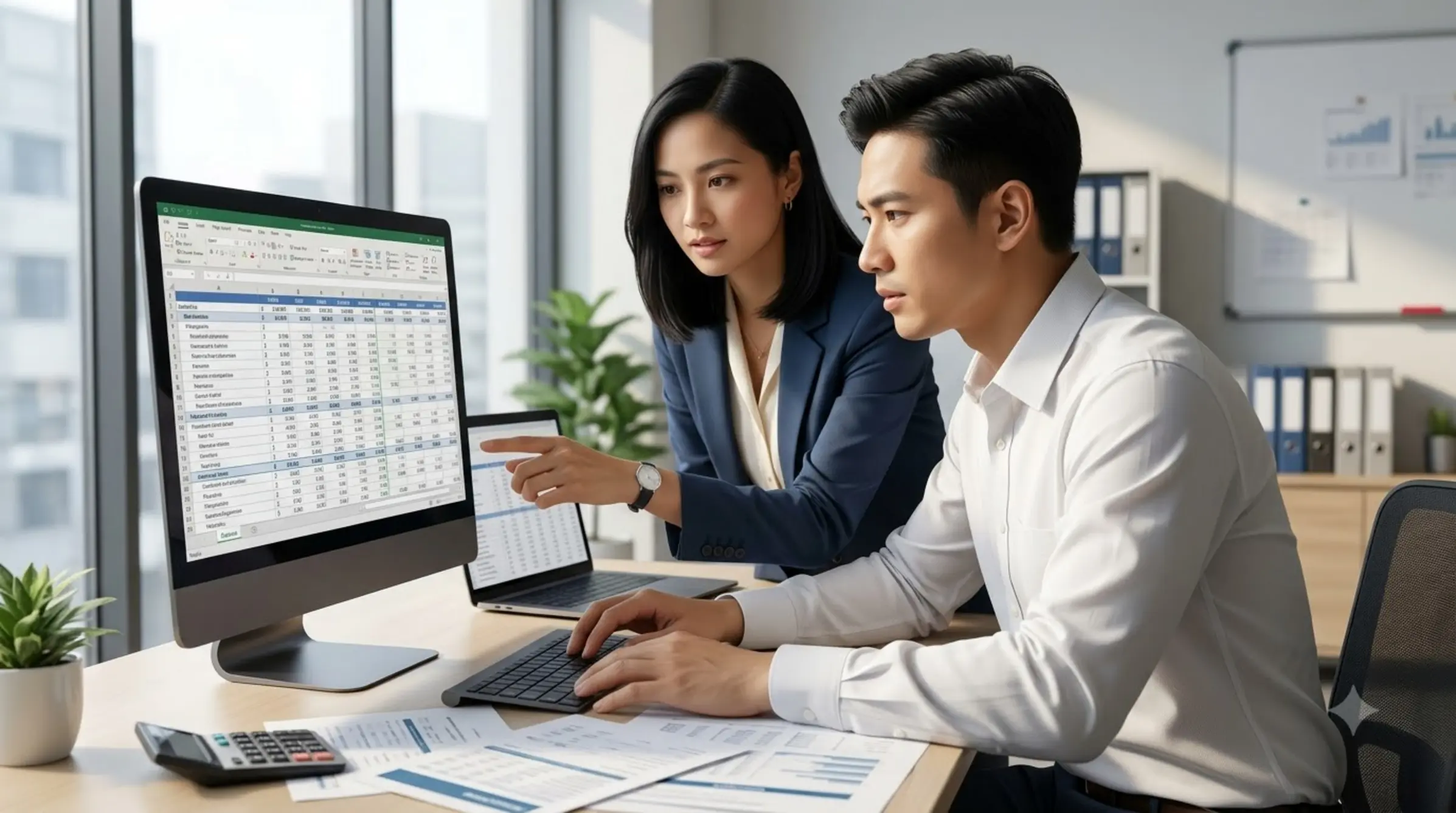 Chị Ba làm việc cùng chuyên gia kế toán để kết hợp phần mềm và dịch vụ trọn gói